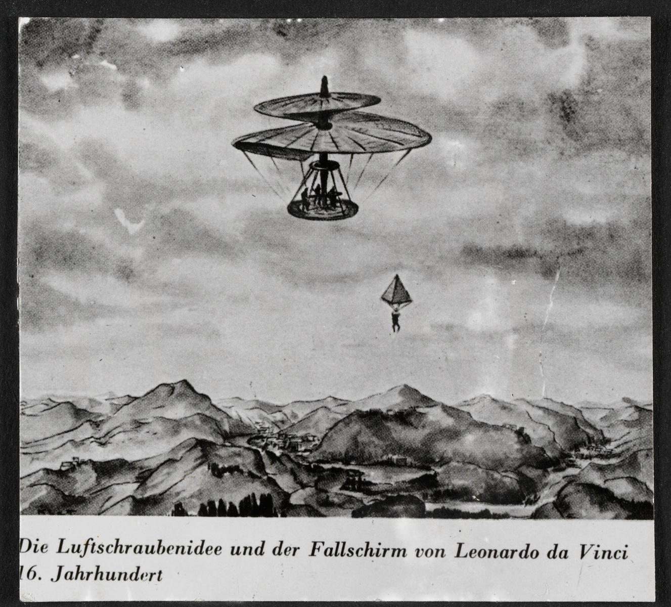 Die Luftschraubenidee und der Fallschirm von Leonardo da Vinci 16. Jahrhundert