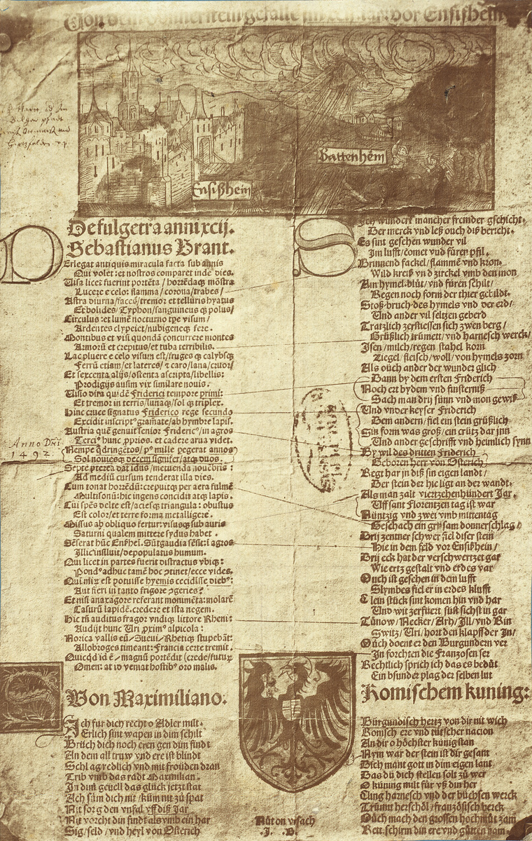 Fotografie mit Gedichten Sebastian Brants auf den am 3. April 1492 bei Ensisheim gefallenen Donnerstein