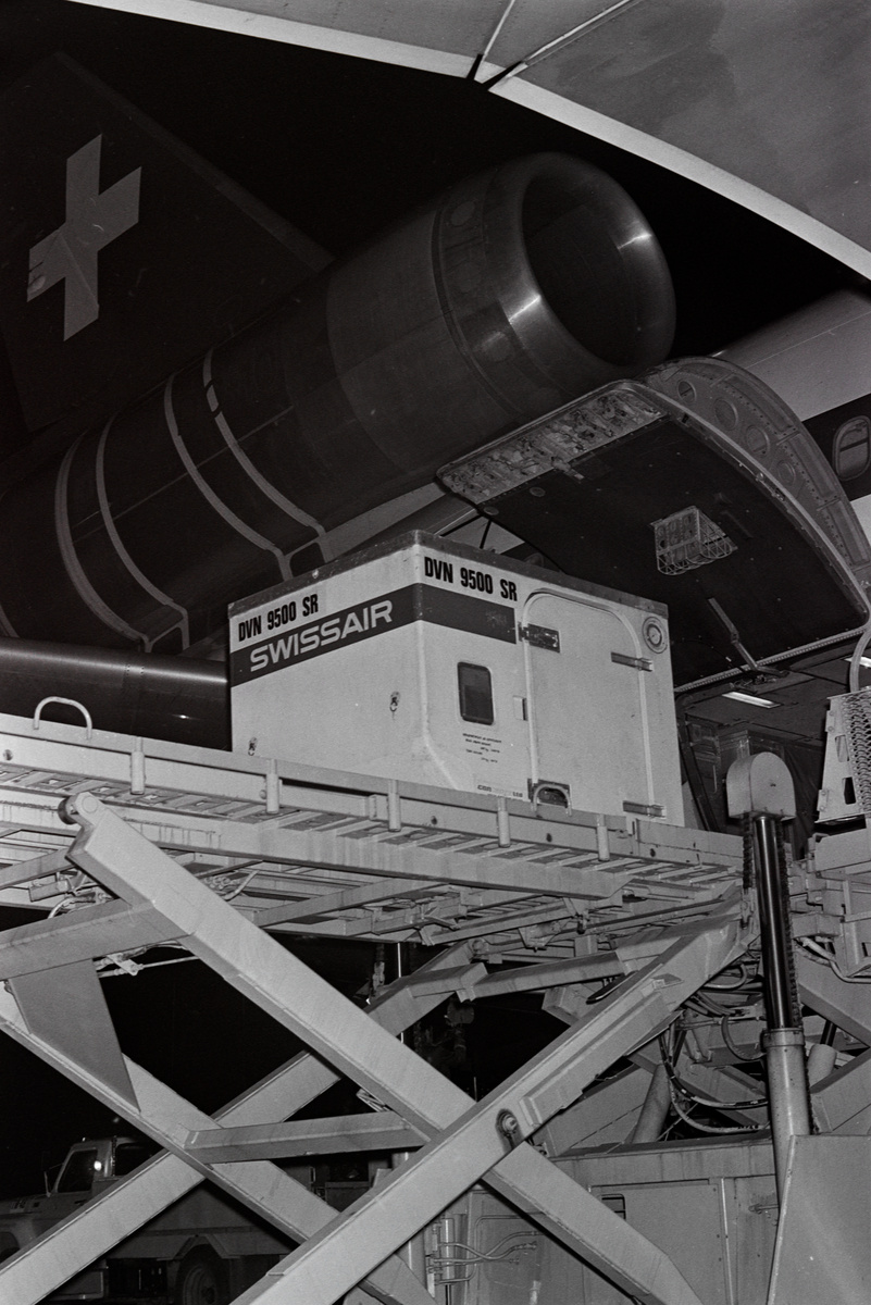 Fleischtransport im Kühlcontainer der Swissair in Zürich-Kloten