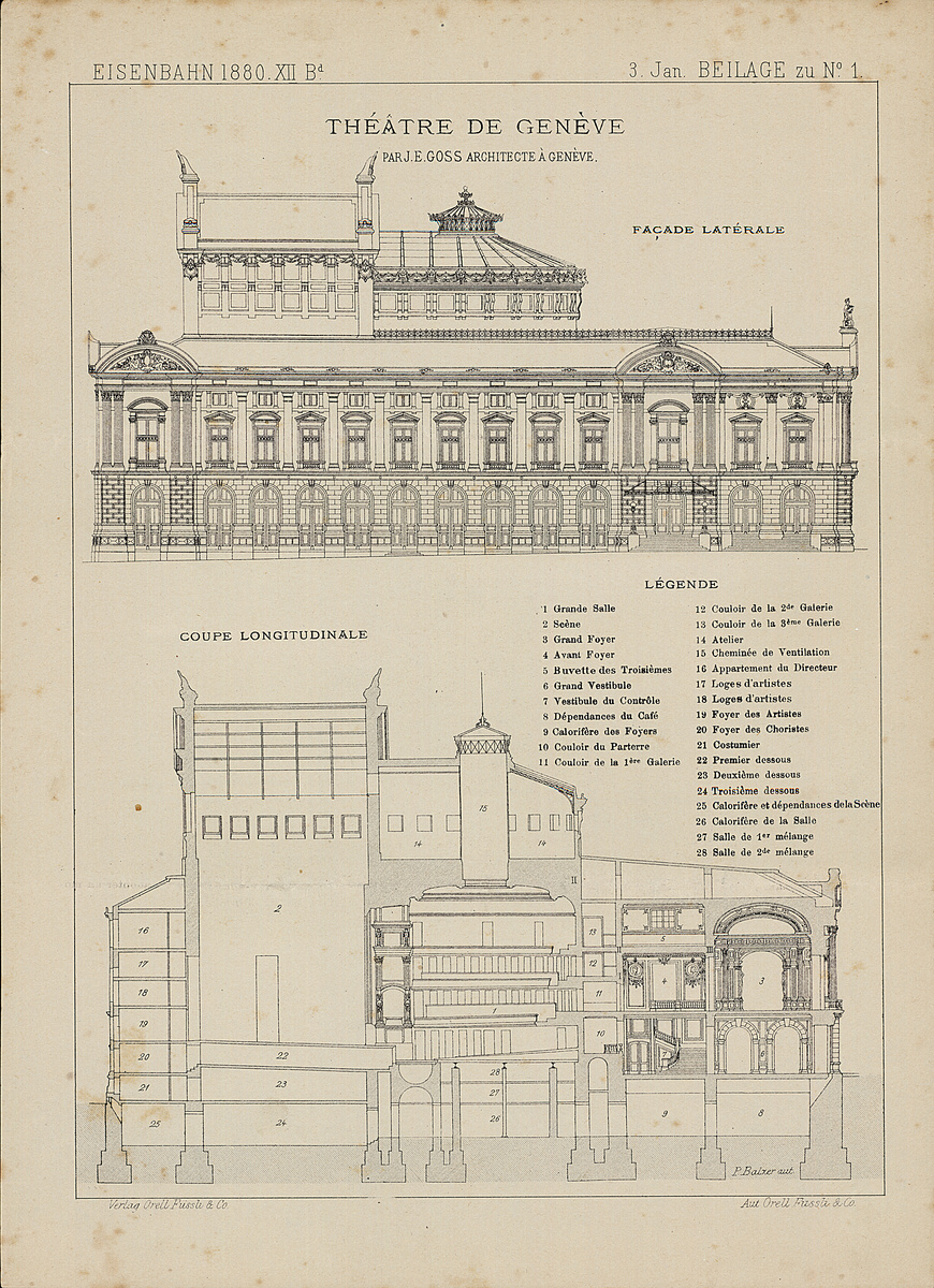 Théâtre de Genève : façade latérale, coupe longitudinale