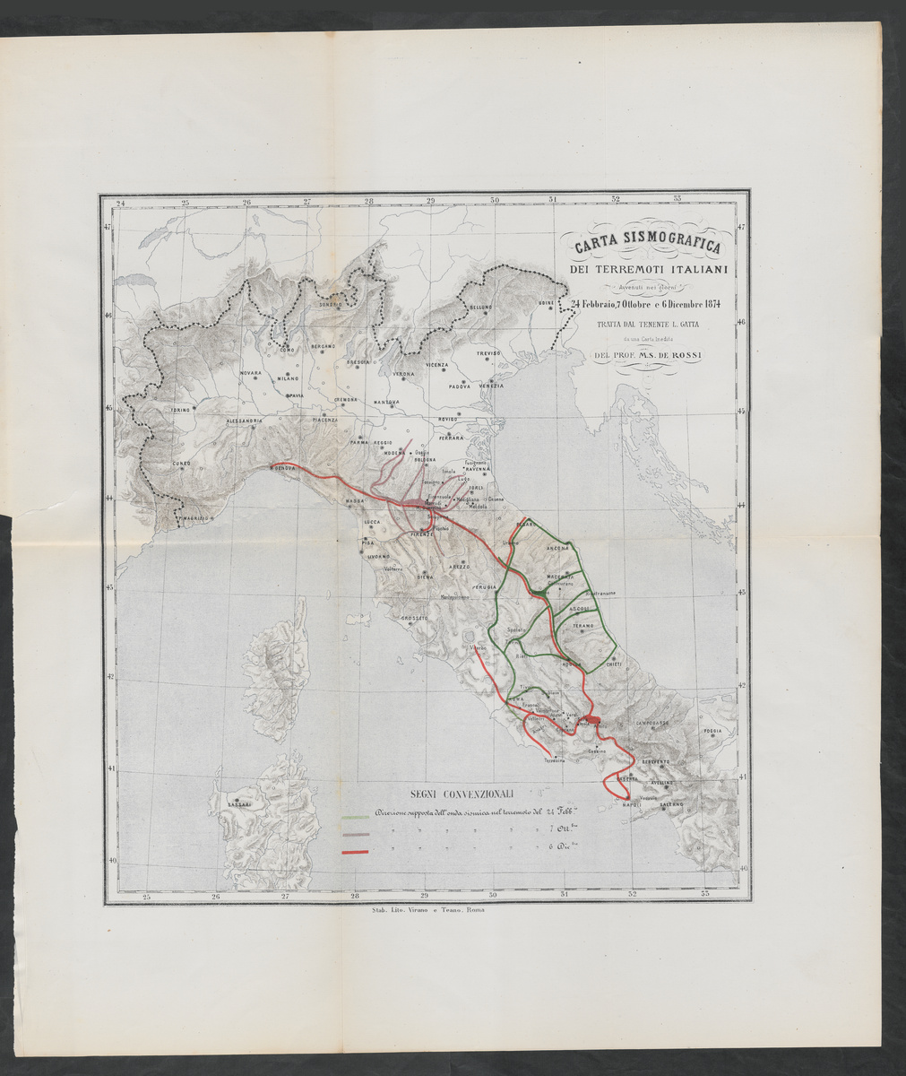 Carta sismografica dei terremoti italiani. Avvenuti nei giorni 24 Febbraio, 7 Ottobre e 6 Dicembre 1874 tratta dal tenente L. Gatta da una carta inedita del Prof. M. S. de Rossi