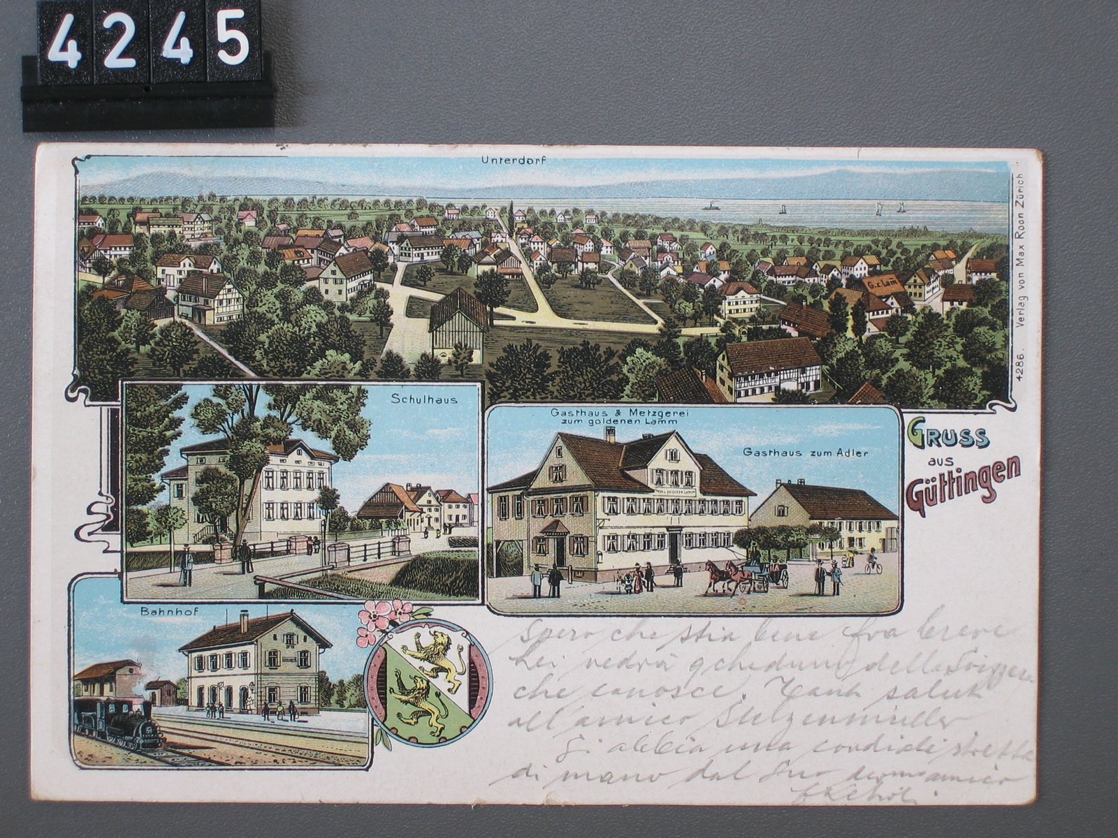 Güttingen, Unterdorf, Schulhaus, Gasthaus und Metzgerei zum goldenen Lamm, Gasthaus zum Adler, Bahnhof